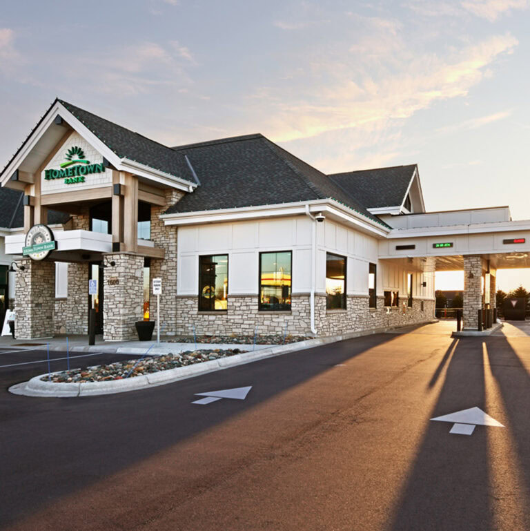 A coffee shop and bank.