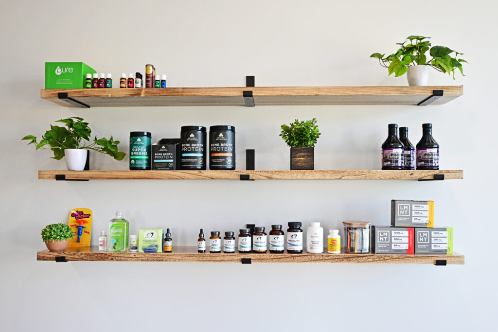 Shelves with products on them.